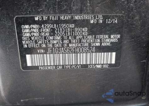 2015 Subaru Impreza 2.0I Limited из США, поврежденный, VIN JF1GJAS62FH008524